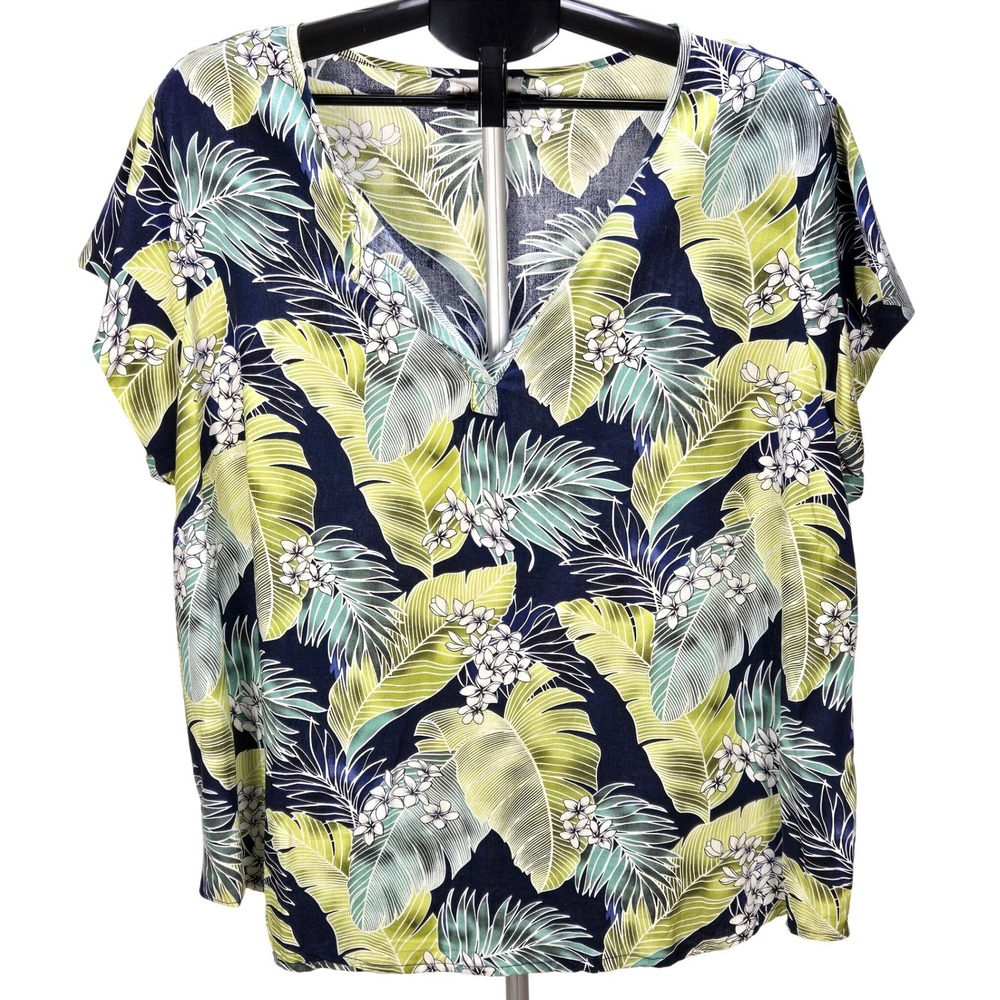 Women's Panama Jack 2X Tropical Palm Linen Blend V-Neck Top Resort Coastal